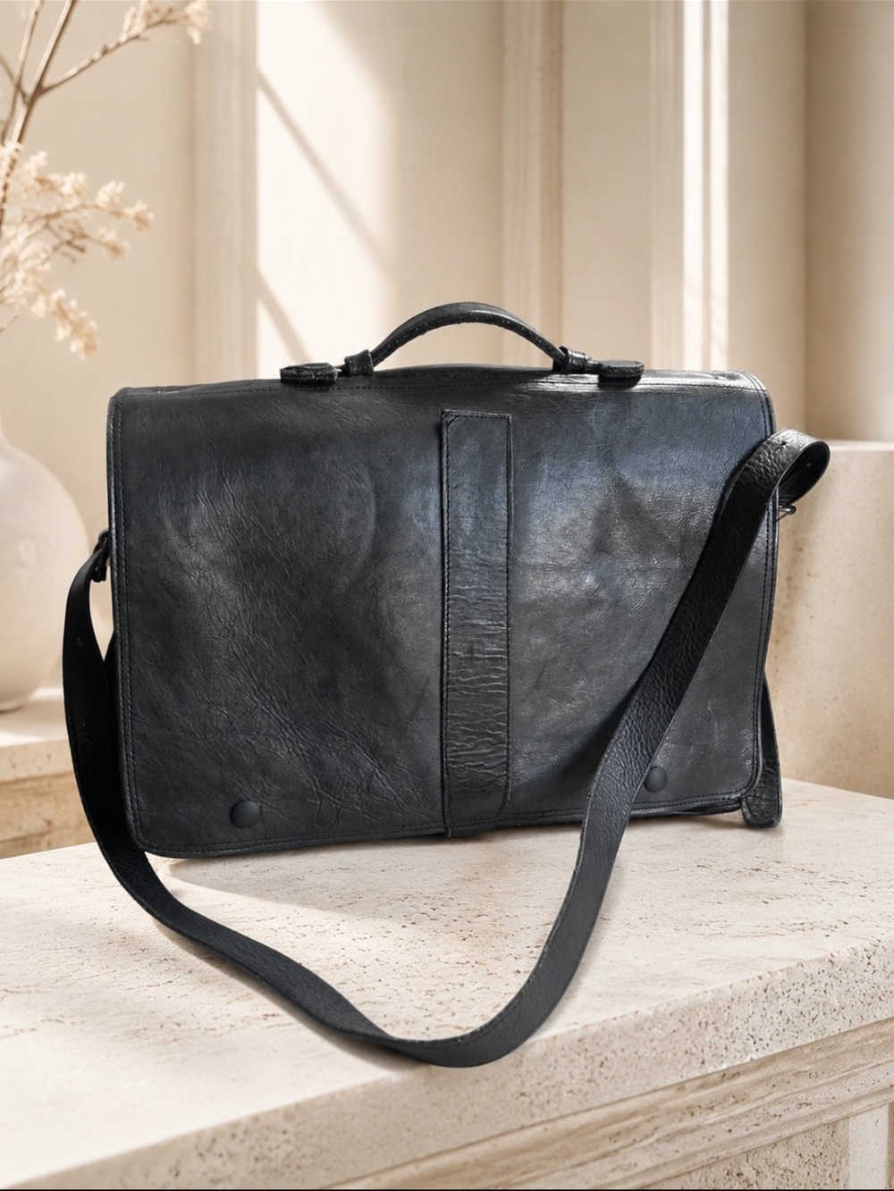 Vintage Classic Black Leather Messenger bag with Top Handle and Shoulder Strap